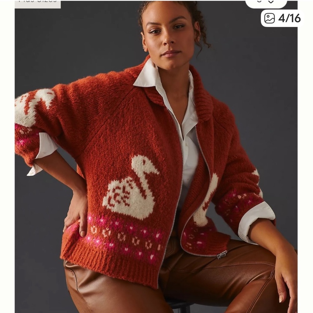 Anthropologie Maeve Rust Orange Swan Open Knit Wool Blend Zip Up Sweater, XS - Picture 5 of 14